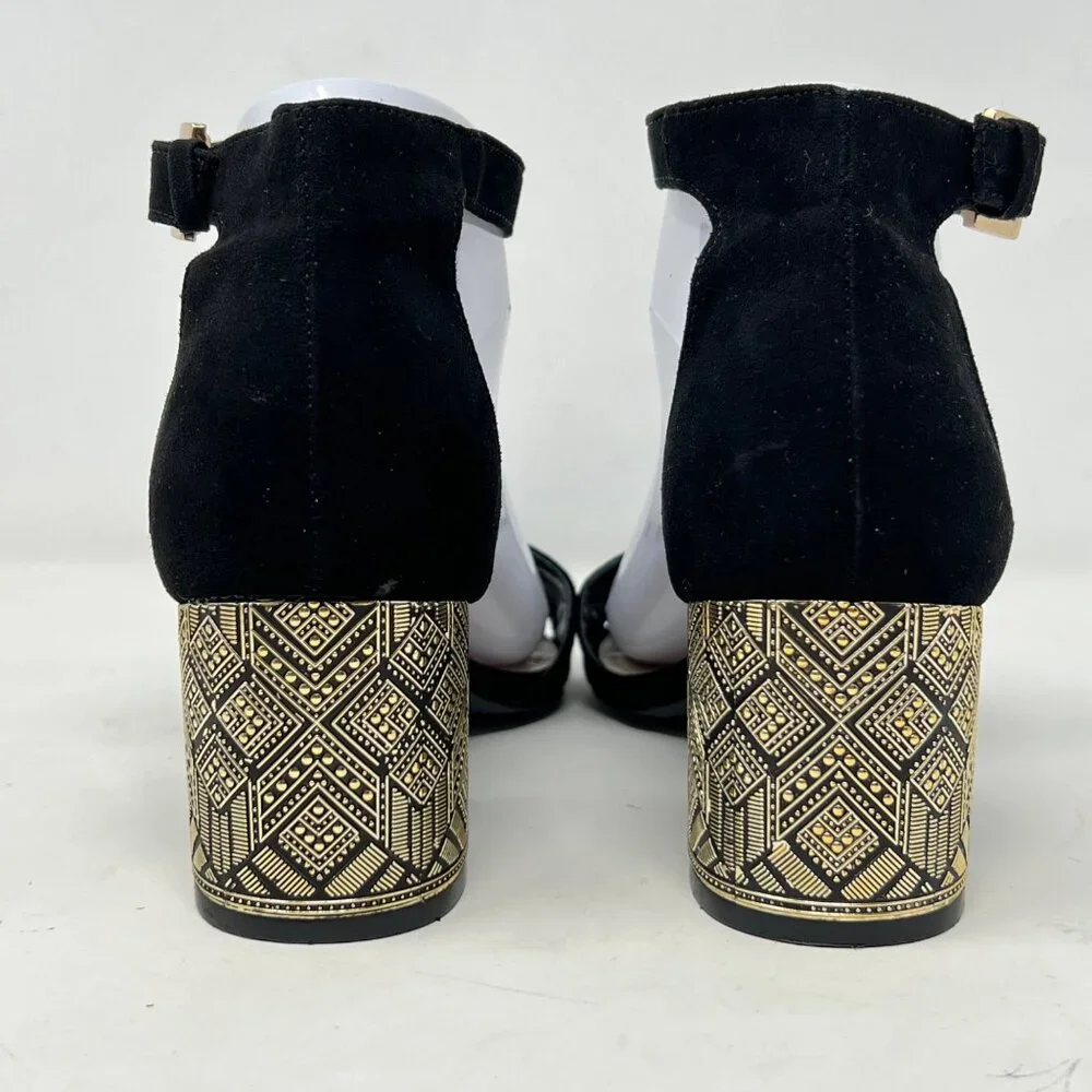 Nine West‎ Black Faux Suede Ankle Strap Gold Design Block Heels Size 6.5M